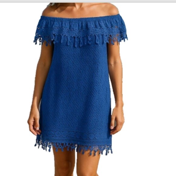 Elie Tahari Dress Blue Size 4 NWT Crochet Off Shoulder Tank Overlay MSRP $398 - Picture 14 of 14